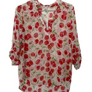 NEW TeenBell Cute Sheer Cherry Graphic Popover with V-Neck + Tab Sleeves Size M